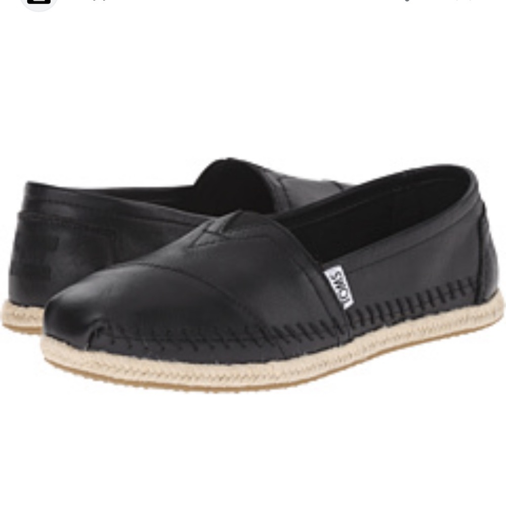 TOMS Black Leather Espadrille Slip-Ons